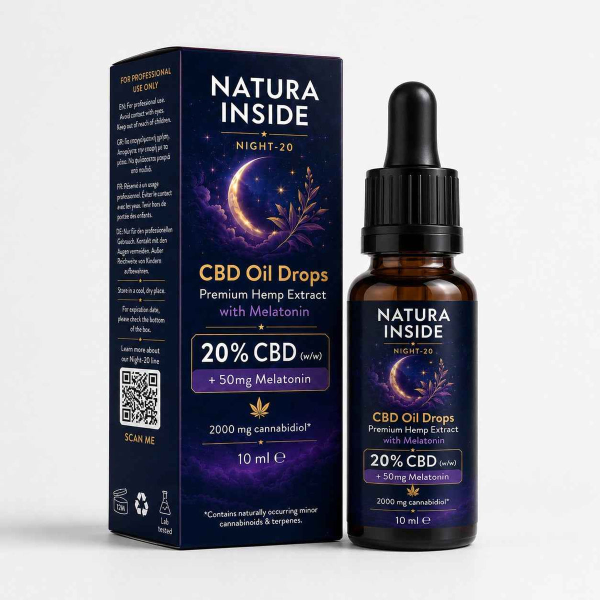 Natura Inside Night-20 CBD oil drops bottle with 20% CBD and 10 ml