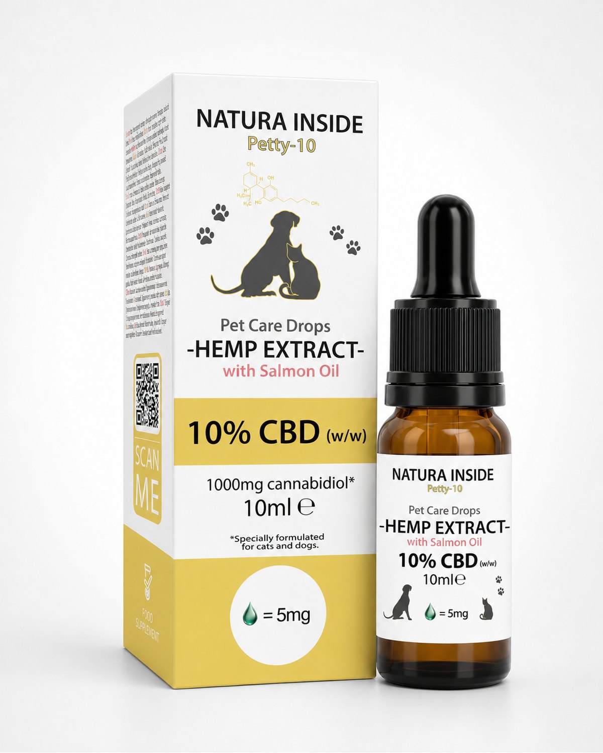 Pet hemp extract CBD oil drops for dogs with salmon oil, 10ml bottle and box