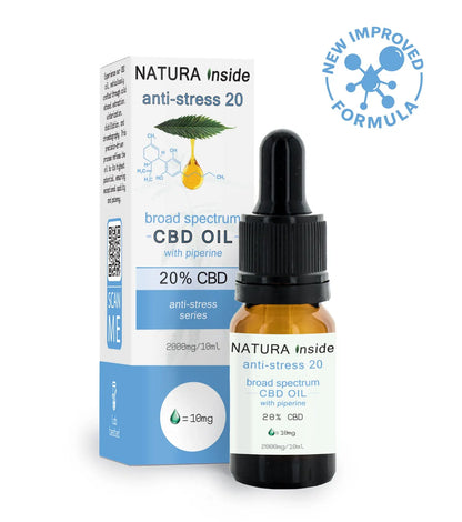 CBD oil bottle with dropper and Natura Inside anti-stress 20 box, broad spectrum 20% CBD