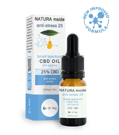 Amber CBD oil dropper bottle with black cap, next to white box labeled 25% CBD