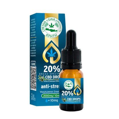 CBD oil drops bottle with amber label and matching retail box, black dropper cap