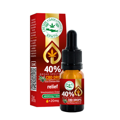 CBD oil dropper bottle with Cretan olive oil, beside red 40% CBD box