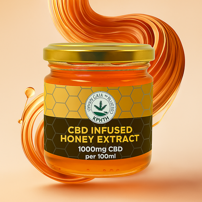 CBD infused honey extract jar, gold lid, 1000mg CBD per 100ml label