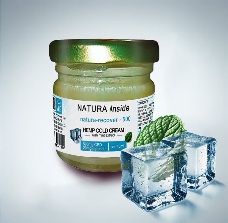 HEMP COLD CREAM-NATURA RECOVER κηραλοιφή για αναζωογόνηση αναπνοής και ανακούφιση από πονοκεφάλους με 500mg CBD, 20mg πιπερίνη και εκχύλισμα μέντας, 40ml