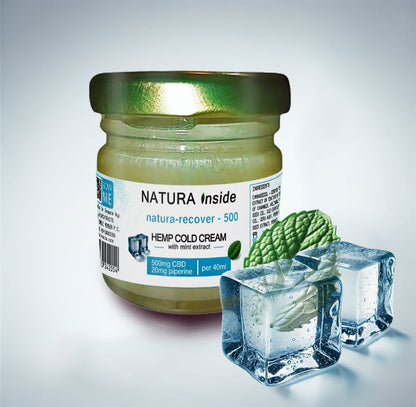 Natura Inside hemp cold cream jar, green glass lid and cream label, with hemp leaf accents
