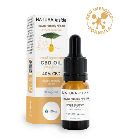 CBD oil bottle with box, black dropper cap and amber glass, broad-spectrum 40% CBD