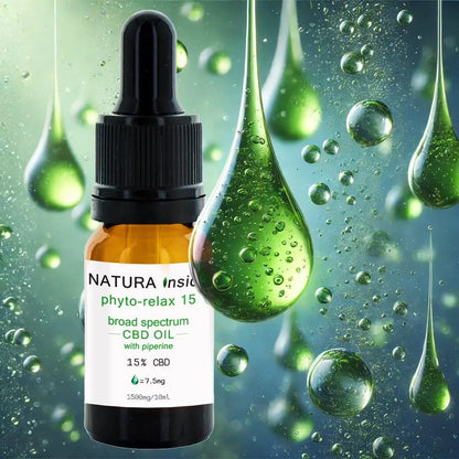 Broad spectrum CBD oil bottle with black dropper cap, amber glass, 15% CBD