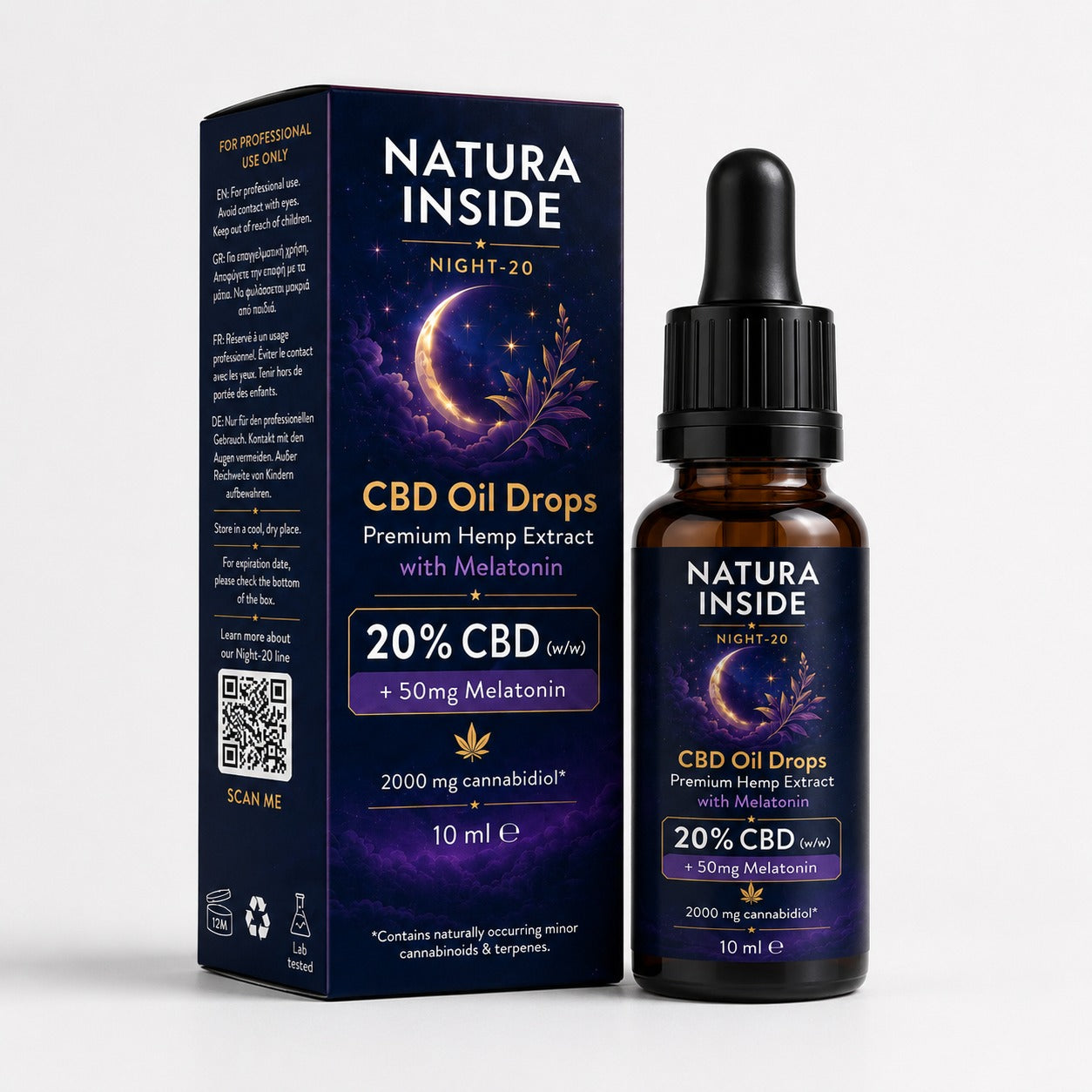 Natura Inside NIGHT-20 – Gouttes de CBD à 20 % avec 50 mg de mélatonine, 10 ml