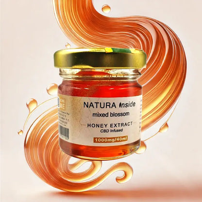 CBD honey extract jar with gold lid and Natura Inside label