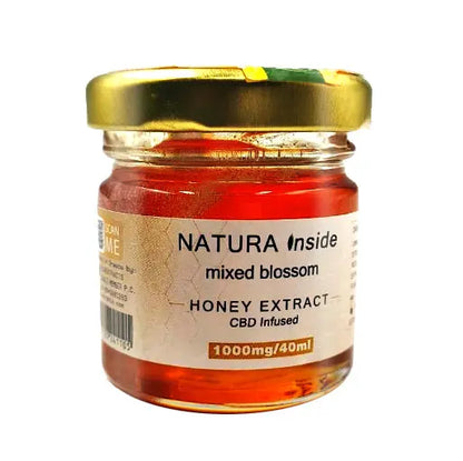 CBD honey extract jar, Natura Inside mixed blossom Honey Extract label, gold lid