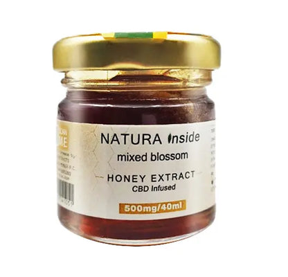 Honey extract jar, front view; gold cap and Natura Inside mixed blossom label