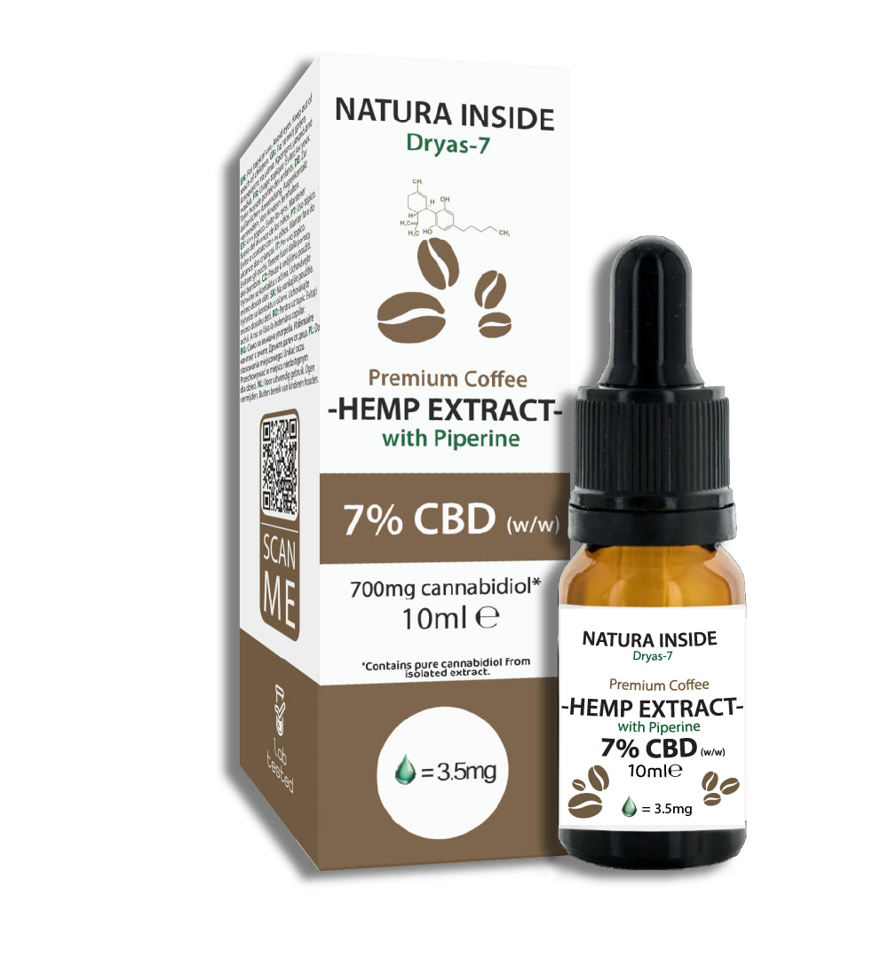 Natura Inside Premium Cannabisolie – 7% CBD met piperine & koffie-olie, Dryas Serie, 10ml