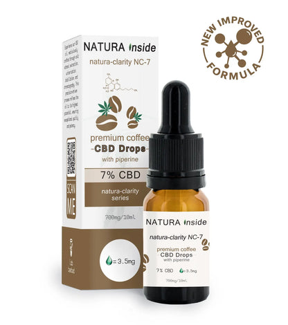 CBD drops dropper bottle with coffee extract, shown with product box and label