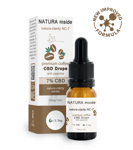 Έλαιο κάνναβης σε σταγόνες με 7% CBD, πιπερίνη και έλαιο καφέ της σειράς NATURA-CLARITY, 10ml