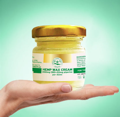Hemp wax cream jar with gold lid and yellow label, 40 ml