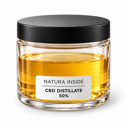 Ενδεικτική συσκευασία CBD distillate 50% Natura Inside, με χρυσαφί υγρό ορατό σε διάφανο γυάλινο βάζο.
