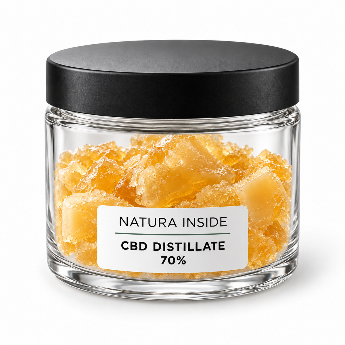 Ενδεικτική συσκευασία CBD distillate 70% Natura Inside, με κεχριμπαρένια στερεά κομμάτια σε διάφανο γυάλινο βάζο· δεν αποτελεί φωτογραφία της παρτίδας.