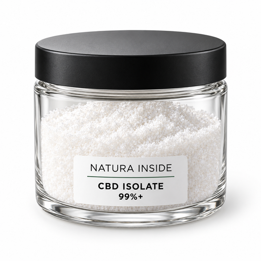 Ενδεικτική συσκευασία CBD isolate 99%+ Natura Inside, με λευκή κρυσταλλική σκόνη ορατή σε διάφανο γυάλινο βάζο.