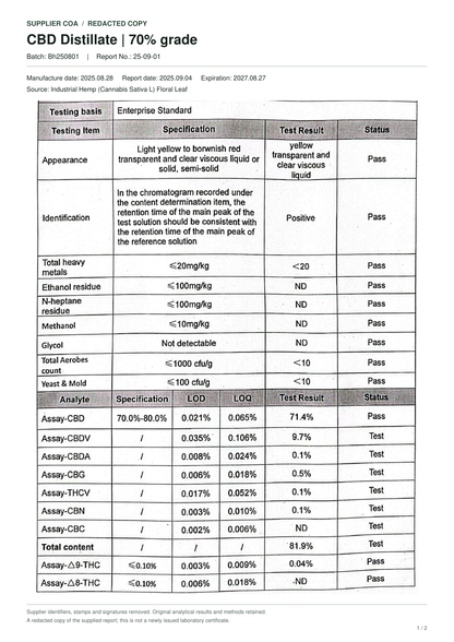 CBD distillate 70%, batch Bh250801 — supplier-redacted COA, page 1 of 2