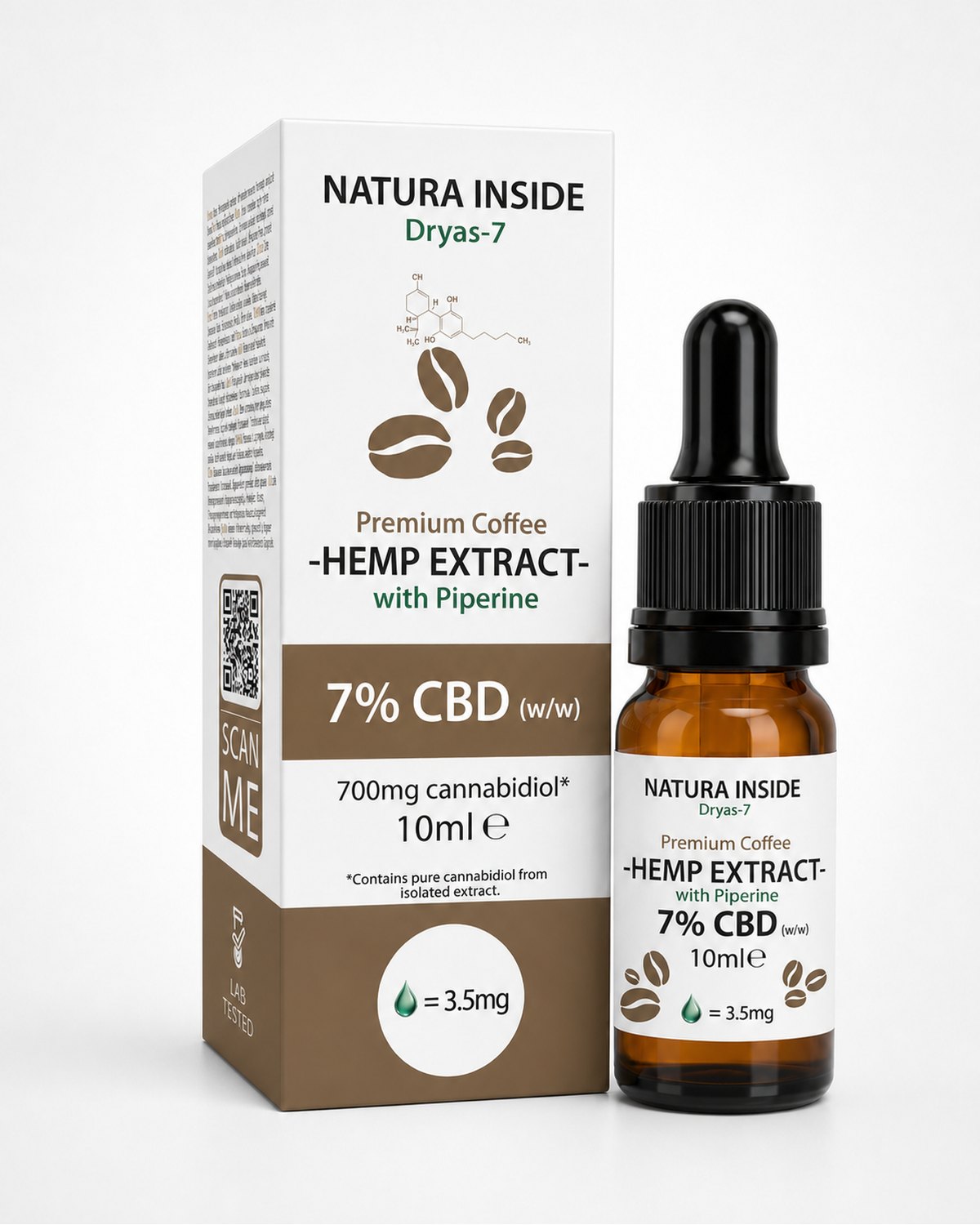 CBD hemp extract oil bottle with dropper and cardboard box, amber glass