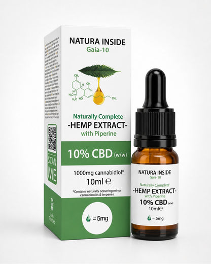 Natura Inside Gaia 10% CBD hemp extract oil bottle and carton, 10 ml