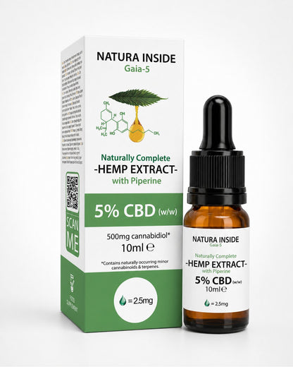 Natura Inside CBD oil bottle and hemp-extract box, 5% CBD with piperine