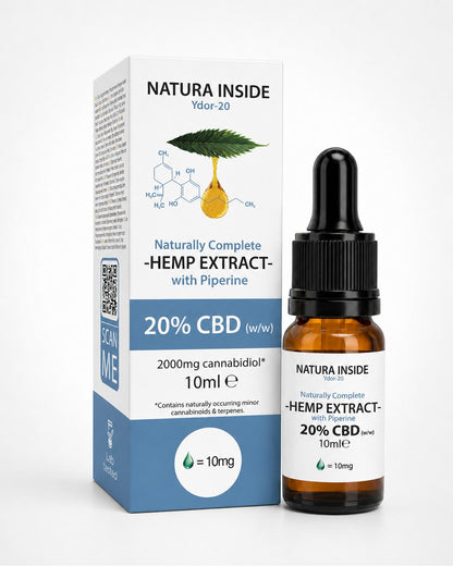 Full spectrum hemp oil: amber bottle with black dropper, with blue product box