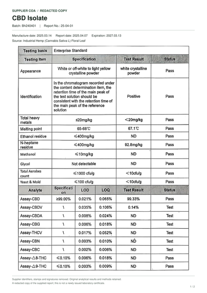 CBD isolate crystalline powder — supplier-redacted batch certificate of analysis, page 1 of 2