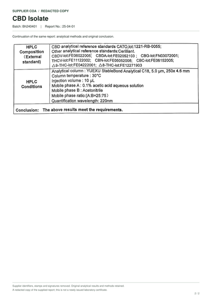 CBD isolate crystalline powder — supplier-redacted batch certificate of analysis, page 2 of 2