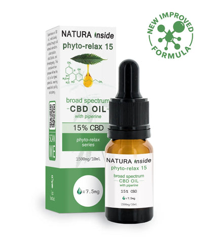 Broad spectrum CBD oil bottle with black dropper cap, Natura Inside 15% CBD