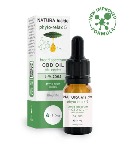 Broad spectrum CBD oil bottle with amber dropper and green Natura box, 10ml